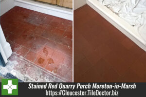 Heavily Stained Red Quarry Porch Tiles Cleaned and Sealed in Moreton-in-Marsh