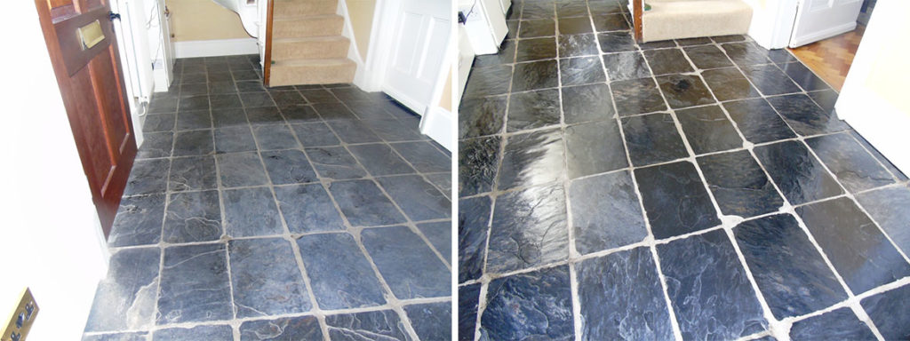 Slate tiled hallway floor Before After Cleaning Gloucester