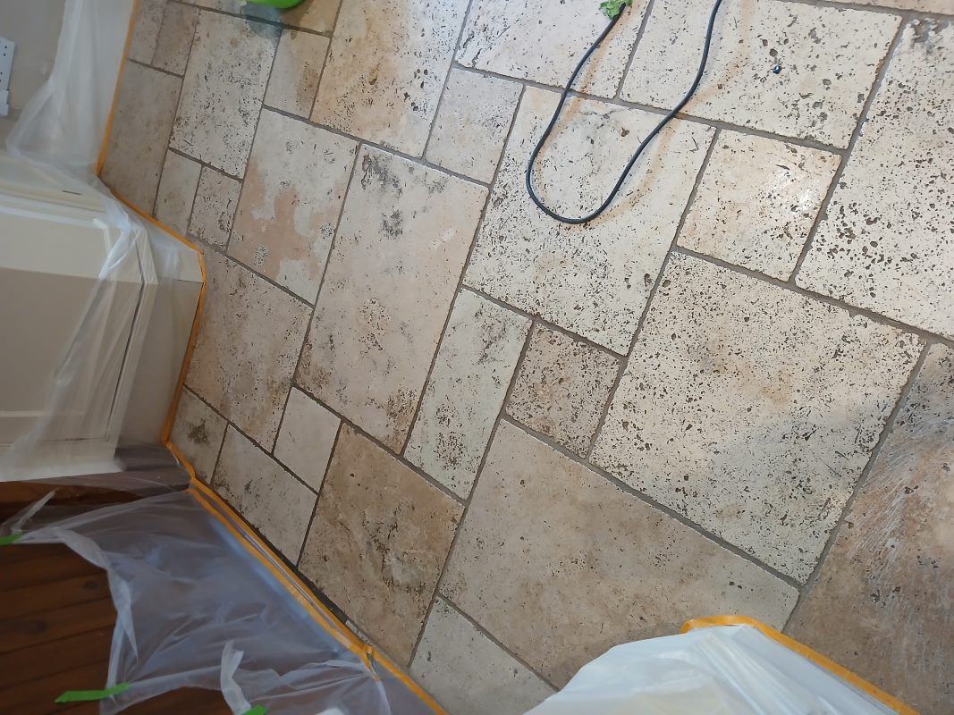 Travertine Tiled Kitchen Floor Before Cleaning Dursley